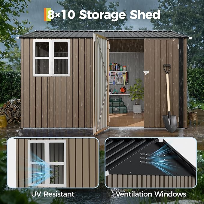 8x10 FT Outdoor Storage Shed,450CU.T Metal Tool Shed with Clear Window, Lockable Doors,Large Garden Storage Box with Sloping Roof，Sheds&Outdoor Storage for Backyard Garden Patio Lawn