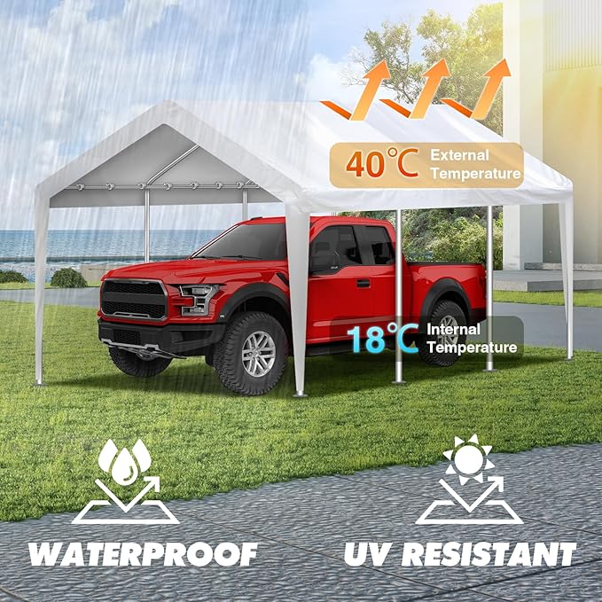 10x20FT Carport Canopy Replacement Cover Heavy Duty Waterproof & UV Protected, All Weather Car Shade Canopy with Ball Bungees (White, 10'x20', Frame is not Included)