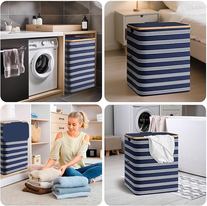 BALEINE Laundry Hamper with Lid, Tall Laundry Baskets with Bamboo Pull Handles, Large Laundry Bin with Internal Support (36 Gal/140L, Blue Pinstripe)