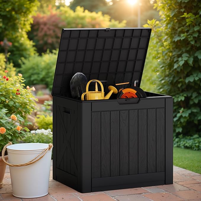 Greesum 40 Gallon Outdoor Deck Box with Lock, Resin Storage Chest for Patio Furniture Cushions, Garden Tools, Pool Toys, Waterproof & UV Resistant, Large Capacity, Dark Black