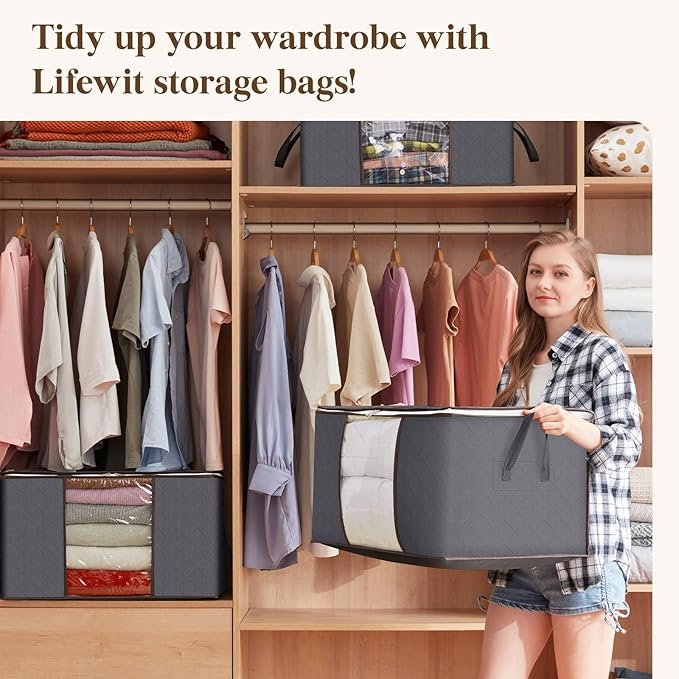 Lifewit 6 Pack 60L Clothes Storage Bins with Lids, Foldable Blanket Storage Bags with Zippers, Clear Window and Reinforced Handles, Closet and Organization for Clothing, Sweater, Comforter, Bedding