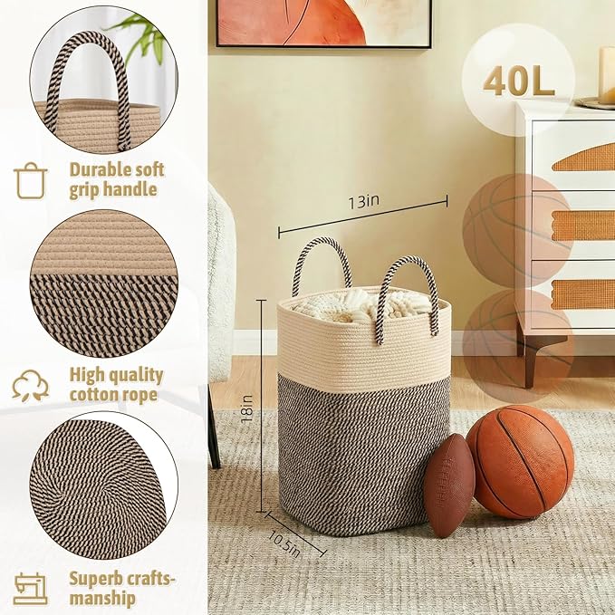 Laundry Basket,Woven Cotton Rope Laundry Hamper,Versatile Storage for Dirty Clothes,Baby Toys,and Blankets in Bathroom, Nursery,and Living Room (Jute, 40L)