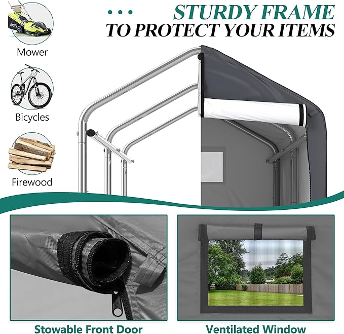 GARTOO 6 x 3ft Outdoor Cycle Storage Shelter - Bike Shed with Roll-up Door & Ventilate Window, Polyethylene Canopy Bicycle Garage for Garden, Domestic, Outdoor, Rain Shelter