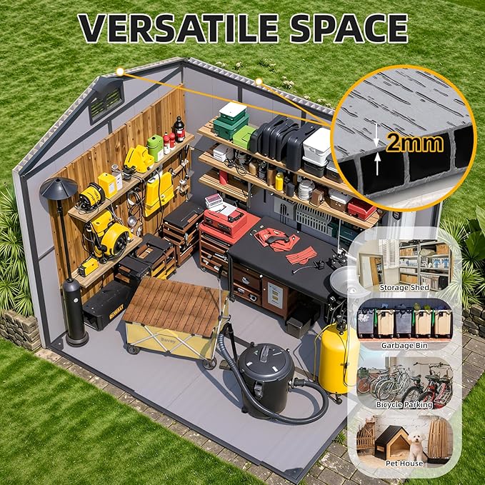 MELLCOM 6 x 8 FT Resin Outdoor Storage Shed with Floor, Resin Outdoor Storage Tool Shed with Windows and Lockable Door, Garden Shed for Lawnmower, Bike, Pool Supply
