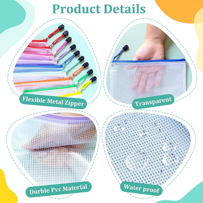 9pcs Mesh Zipper Pouch Bags, 9 Sizes, 9 Colors, Board Game Storage, Travel, School, Office Organize