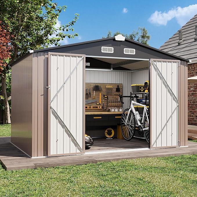 Aoxun 8x6 FT Outdoor Storage Shed - Metal Shed with Lockable Doors & Air Vents, Waterproof Outside Storage Shed for Tool, Garbage Can, Bike, Mower, for Backyard Garden Patio, Brown