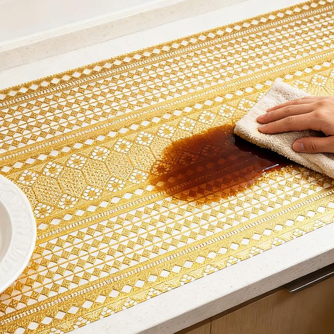 Drawer and Shelf Liner - Gold Geometric Lace Pattern,Non Adhesive Non Slip Waterproof Easy-Clean Shelf Liner for Kitchen Cabinet, Refrigerator, Bathroom, Pantry Storage Drawers, 17 in x 20 Ft