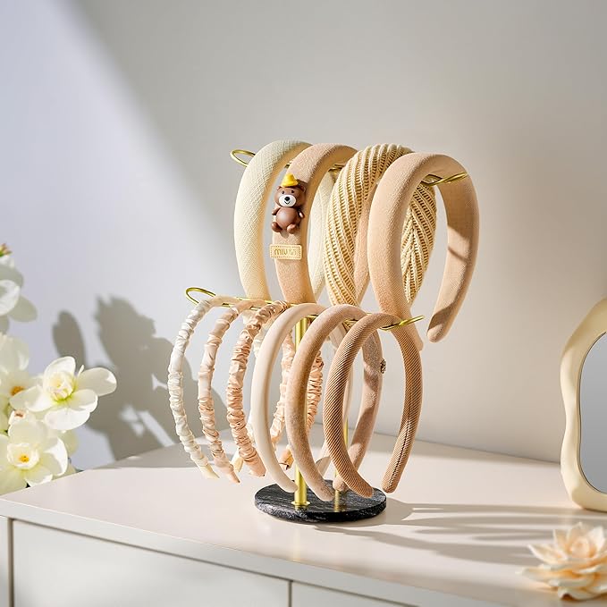 Headband Holder Organizer Two-Tier with Marble Base: Jewelry Display for Women, Hair Accessories Storage Stand Scrunchie Necklace rack for Girls, for Bathroom, Vanity, Dresser, Black and Gold