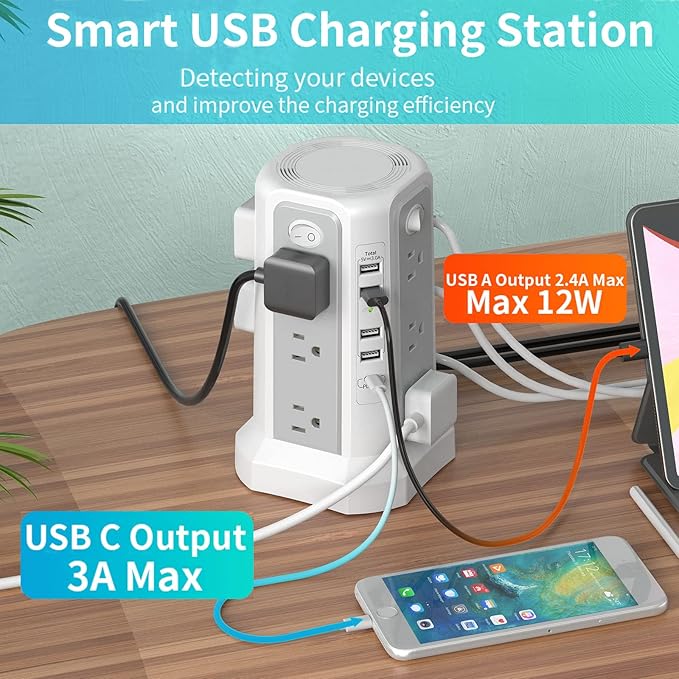 Surge Protector Power Strip Tower (13A 1625W) with 5 USB Ports (1 PD 20W), Extension Cord 10FT with 12 Multiple Outlets, Overload Protection Charging Tower for Home Office Dorm Room Essentials