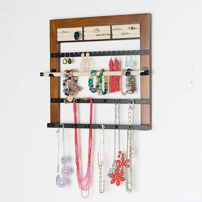 Hives and Honey Tori Wall Hanging Jewelry Rack – Wall-Mounted Organizer with Ring Rolls, Earring Slots, Bracelet Bar & Necklace Hooks, Anti-Tarnish Linen, Walnut