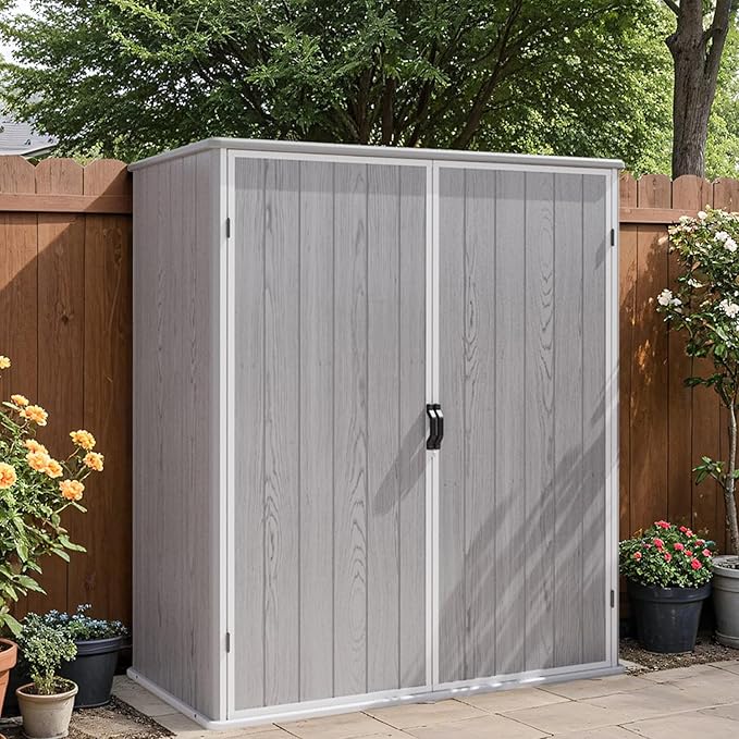 Patiowell Plastic Outdoor Storage Shed with Floor, 5 x 3 FT Patio Outdoor Storage Cabinet with Stable Roof & Lockable Doors, Waterproof Resin Shed for Tools, Patio Furnitrue Accessories, Light Gray
