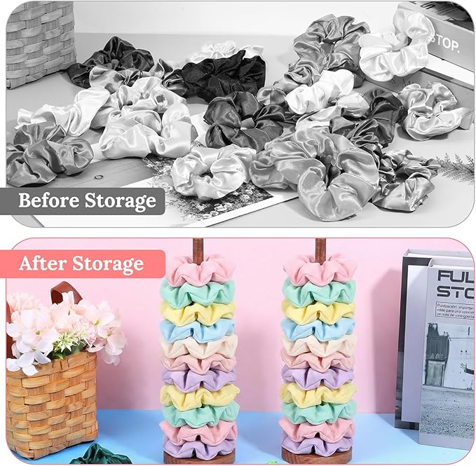 2 Pcs Scrunchie Holder Stand Hair Tie Organizer Vertical 15-20 Scrunchies Hairs Accessories Organizer Display Scrunchy Wood Hair Tie Holder Storage for Women Bathroom Bedroom Decor (Walnut wood, large)