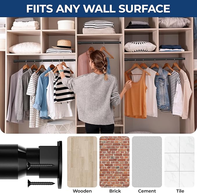 Mavivegue Closet Rods for Hanging Clothes,17 to 57 Inches Stepless Adjustable Metal Closet Rod, Heavy Duty Tension Rod, Extra Long Tension Rod, Adjustable Curtain Rod, for Closet, Black