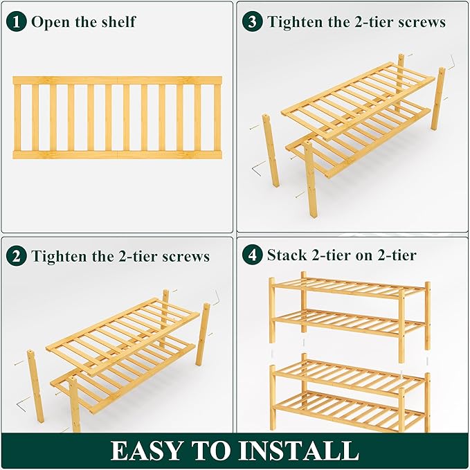 Smiry Shoe Rack, 4 Tier Bamboo Shoe Organizer, Stackable Free Standing Wooden Shoe Storage Shelf for Closet, Entryway, Front Door Entrance, Natural