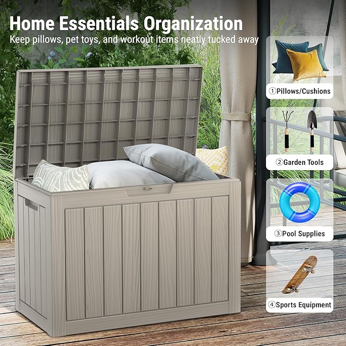 Mars Villa 45 Gallon Deck Box, Waterproof Weatherproof and UV Resistant Resin Deck Storage Box, Ideal for Indoor, Outdoor, Patio Furniture Pillows, Pool Supplies, Gardening Tools, Greige