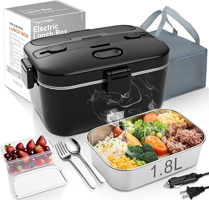 Electric-Lunch-Box-Heated-Food-Warmer 100W Heating Lunchbox for Adults 1.8L Portable Food Heater for Work/Car, 12V/24V/110-230V Lonchera Eléctrica Portátil with Fork Spoon (Black)
