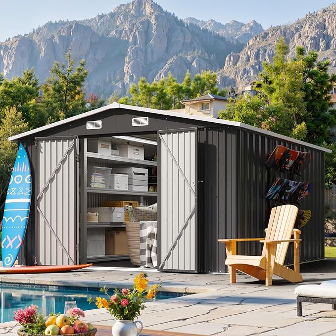 10x12 FT Outdoor Storage Shed, Utility Steel Tool Shed with Lockable Door and Air Vents, Galvanized Metal Shed for Garden Backyard Patio Lawn (10'x12', Black)