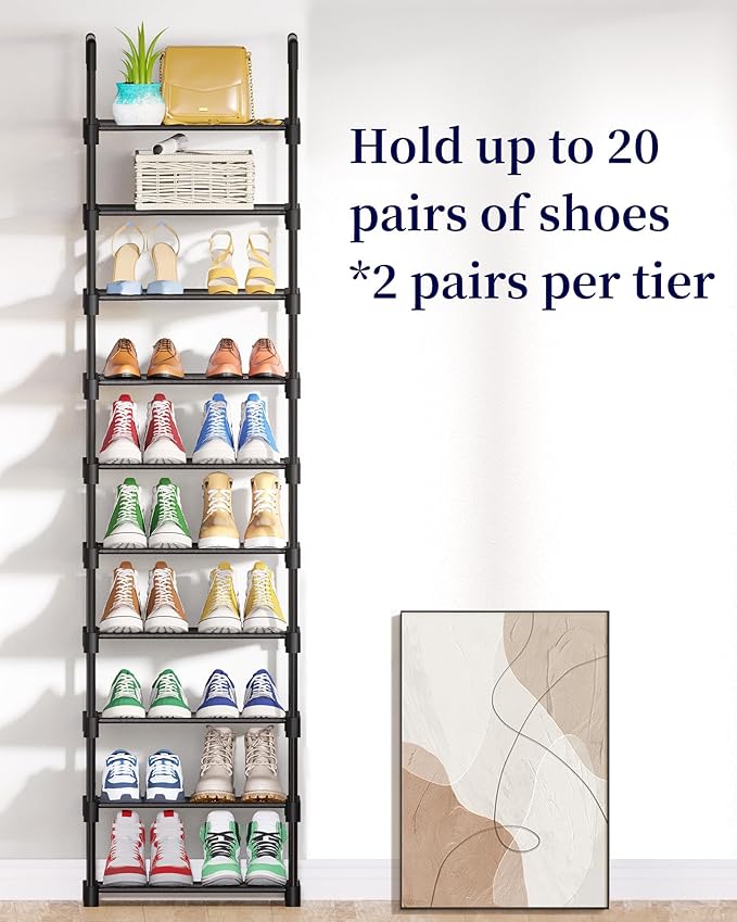 Kitsure Shoe Rack - 10-Tier Shoe Organizer with Detachable Fabric Shelves & Metal Frame, Tall Shoe Rack for Closet, Entrance, Living Room, 16.9" Wide - 10 Tier, Black