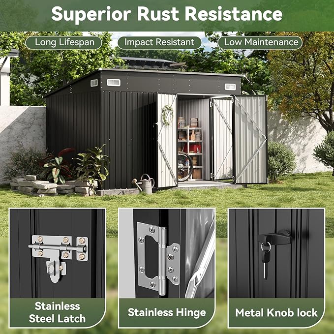 Aoxun 9.4' x 7.3' Shed 360 CU.FT Outdoor Waterproof Storage Shed with Triple Lockable Door Garden Metal Tool Shed for Outside