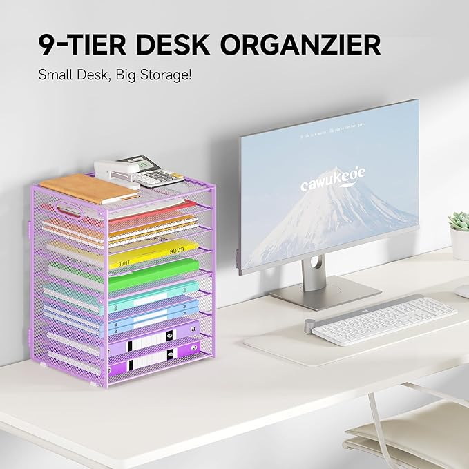 9 Tier Paper Organizer with Handle, Purple Large Capacity Desk Organizer Mesh File Folder Letter Paper Tray Desktop Document Sorter for Classroom, School, and Office Accessories Organization