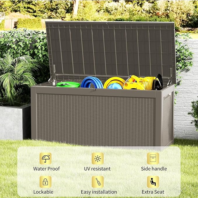 Outdoor Storage Box, 320 Gallon Lockable Resin Deck Box Large Waterproof, Patio Storage Bin for Furniture Cushion, Garden Tools and Pool Accessories, UV-Resistant Bench Cabinet for Outside, Gray