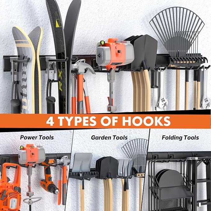 48" Garage Tool Organizer Wall Mount, 440lbs Heavy Duty Metal Storage Rack | Adjustable Hooks Garden Tool Organization System | Anti-Rust Shed Holder for Hanging Rake, Broom, Shovel, Snowboard