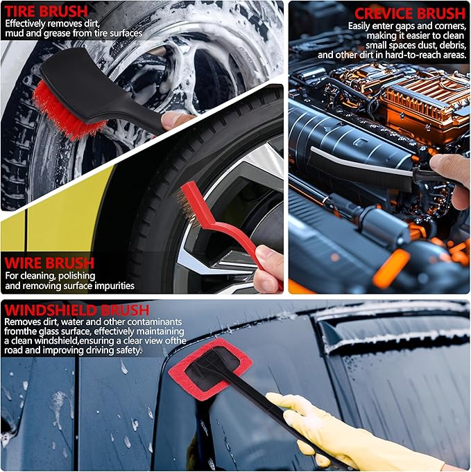 32Pcs Car Detailing Kit, Auto Detailing Brush Set and Drill Brush Attachments with Portable Handbag, Multi-Functional Vehicle Cleaning Tool for Wheels, Windshield