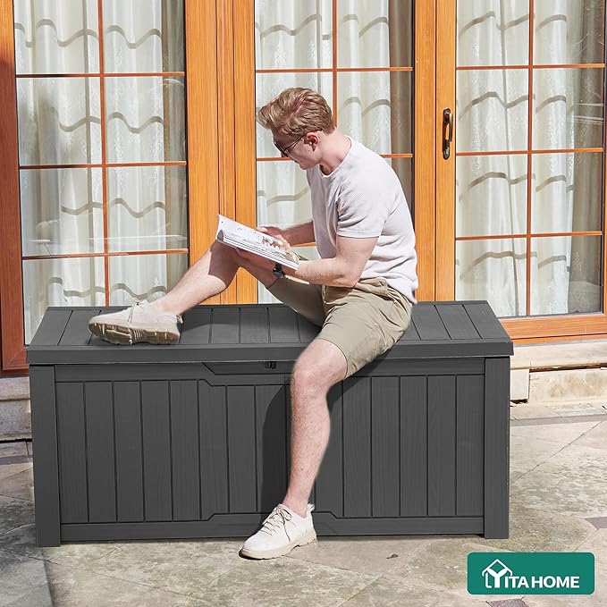 YITAHOME 120 Gallon Large Deck Box, Resin Outdoor Storage Box for Outdoor Pillows, Garden Tools and Pool Supplies, Waterproof, Lockable, Dark Gray
