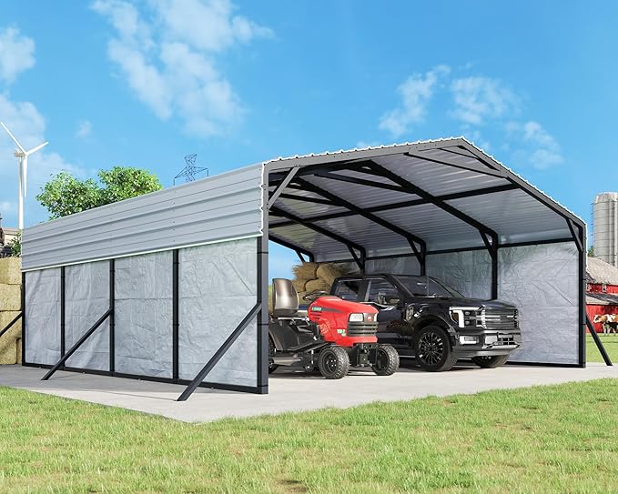 Jocisland 20x20 FT Heavy Duty Metal Carport, All-Weather Car Carport with Waterproof Removable Sidewall, Galvanized Steel Roof & Reinforced Base, Canopy for Bass Boats, Full-Sized Pickups and Tractors