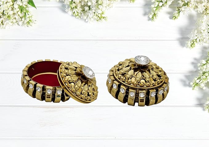 Gold Plated Metal Handmade Sleek Design Unique Style Jewellery Organizer Small Storage Box 2.15 X 1.5 IN Handicraft Wedding Gift and Ideal For Return Gifting (Pack Of 2)