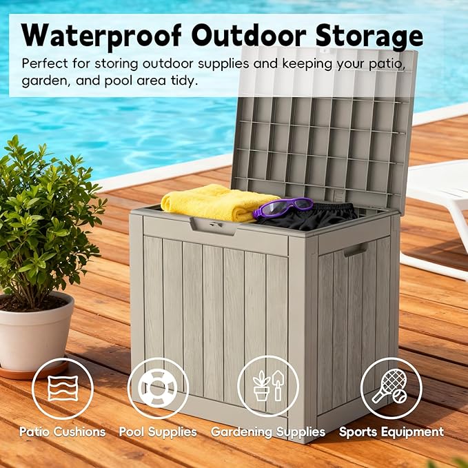 Outdoor Storage Box, 35 Gallon Deck Box Waterproof, Resin Patio Storage Bin for Package Delivery, Patio Furniture Cushion, Garden Tools, Pool Accessories, Weatherproof, Grey