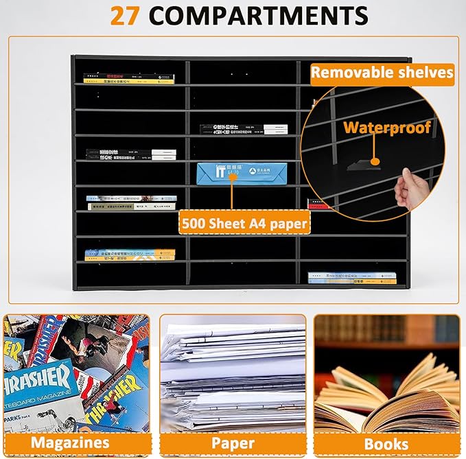 LOYALHEARTDY Desktop Literature Organizer,27 Compartments Paper Storage Cabinet Mail Organizer, 31.5 X 12 X 21.69 in Desktop File Sorter Mail Center Mailbox School Classroom Keepers for Home & Office