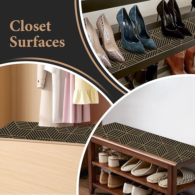 Shelf Liners for Kitchen Cabinets 17in x 20FT, Non Adhesive Cabinet Liner Strong Non-Slip Black Gold Geometric Drawer Liner, Easy to Clean for Shelf, Cabinet with Knife and Tape Measure