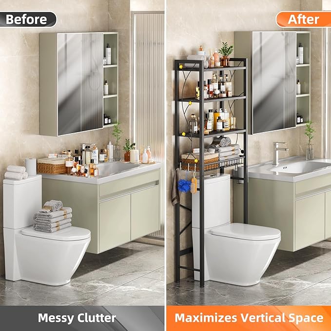 Over-The-Toilet Storage Rack, 4-Tier Bathroom Organizer Shelf Over Toilet with Adjustable Shelf and Basket, Freestanding Space Saver Bathroom Shelves Above Toilet for Room (Oak Gray)