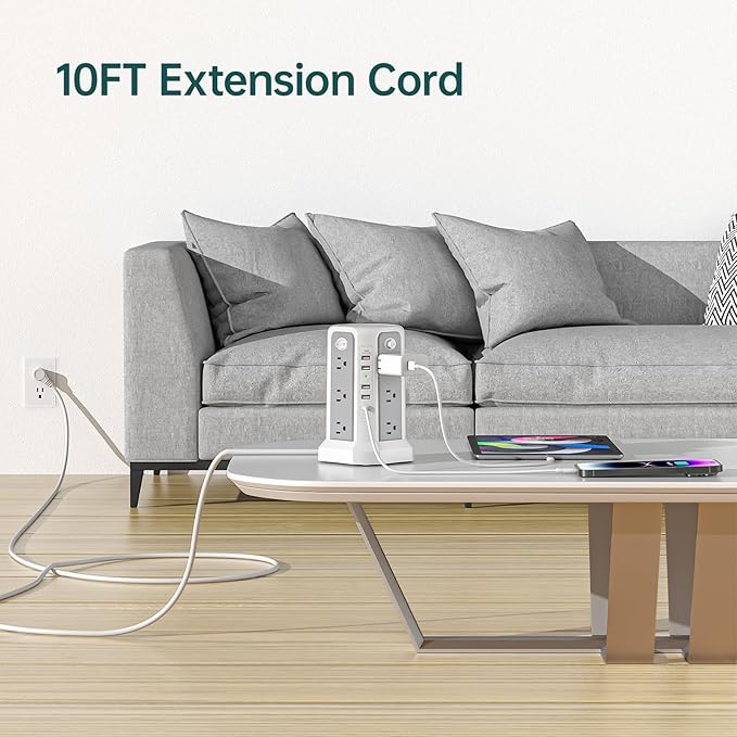 PASSUS Surge Protector Power Strip with USB C Port,10FT Extension Cord with 12 AC Outlets, Power Strips with Surge Protection for Home Office DormRoom