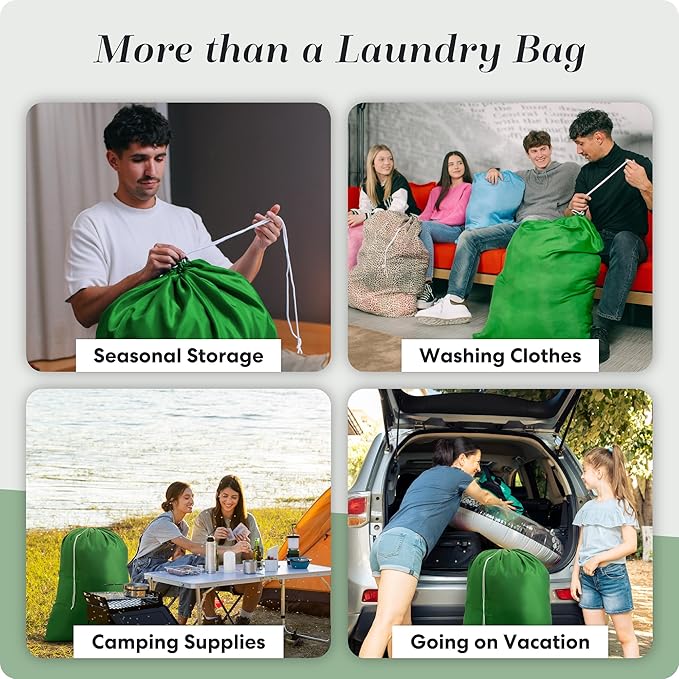 Nylon Laundry Bag - Locking Drawstring Closure and Machine Washable. These Bags will Fit a Laundry Basket or Hamper and Strong Enough to Carry up to Three Loads of Clothes. (Green)