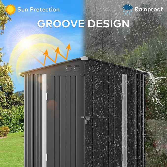 Gizoon Outdoor Storage Shed 6 x 4 FT, Galvanized Metal Garden Shed with Double Lockable Doors, Outdoor Storage Clearance for Backyard Patio Lawn-Dark Grey