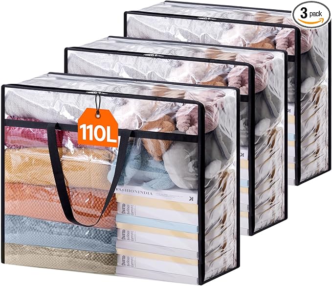 Lifewit 110L Large Clear Clothes Storage Bags, 3 Pack Plastic Vinyl Foldable Moving Bags with Zipper, Closet Organizers and Storage Containers for Blanket, Bedding, Duvet, Pillow, Comforter