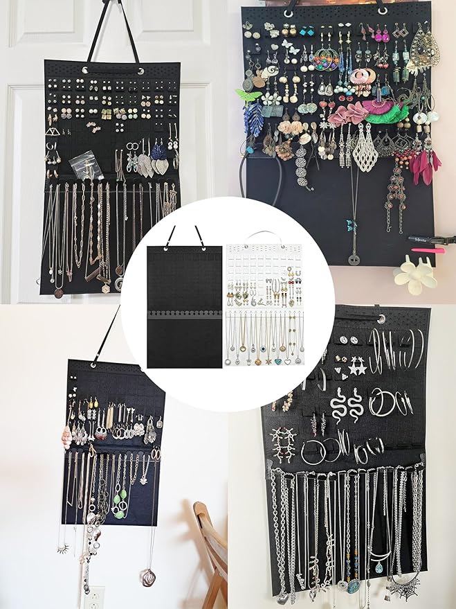 Hanging Jewelry Earrings Necklaces Holder For Women Large Capacity Wall Mounted Earring Bracelet Brooch Sunglasses Organizer (Black Earring Necklaces Holder)
