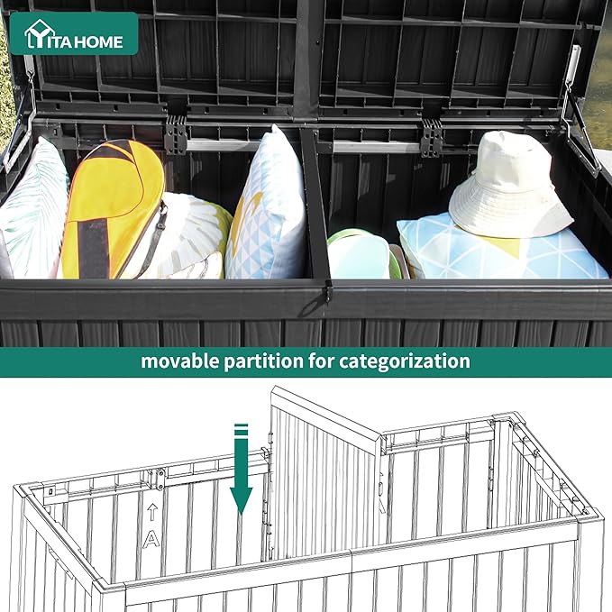 YITAHOME 150 Gallon Large Outdoor Storage XL Deck Box w/Divider for Patio Furniture,Outdoor Cushions, Garden Tools, Sports Equipment and Pool Supplies, Waterproof, Resin, Lockable, Black
