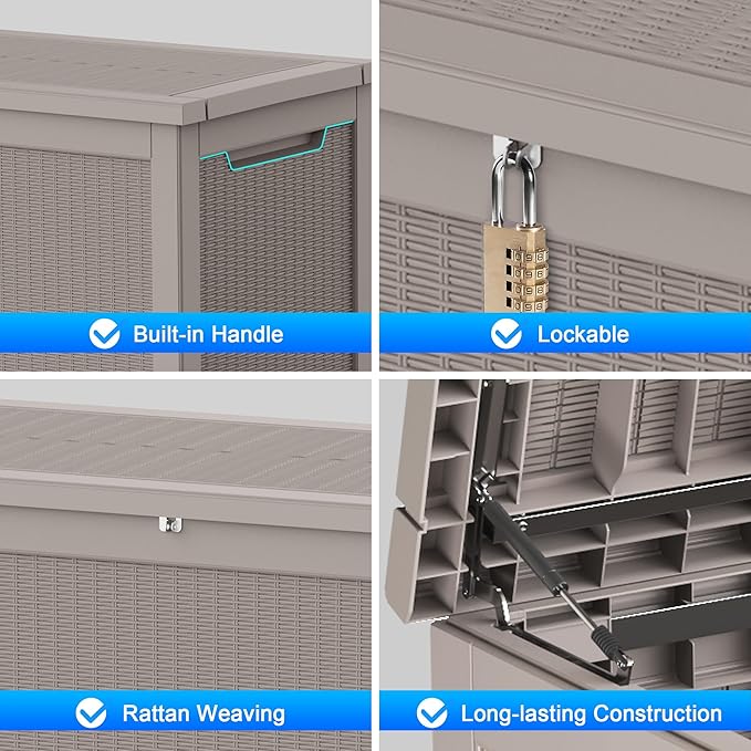 320 Gallon Outdoor Storage Box, Waterproof Resin Deck Box with Lockable Lid Large Storage Bin for Patio Furniture Cushion, Garden Tools, Pool Accessories, UV-Resistant Outside Delivery, Gray