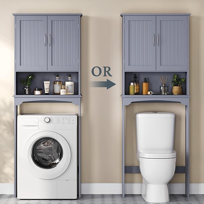 Yaheetech Over The Toilet Bathroom Cabinet with 2 Doors & Adjustable Shelf, Free Standing Toilet Rack Space-Saving, L24.5xW9xH66 Inches, Grey