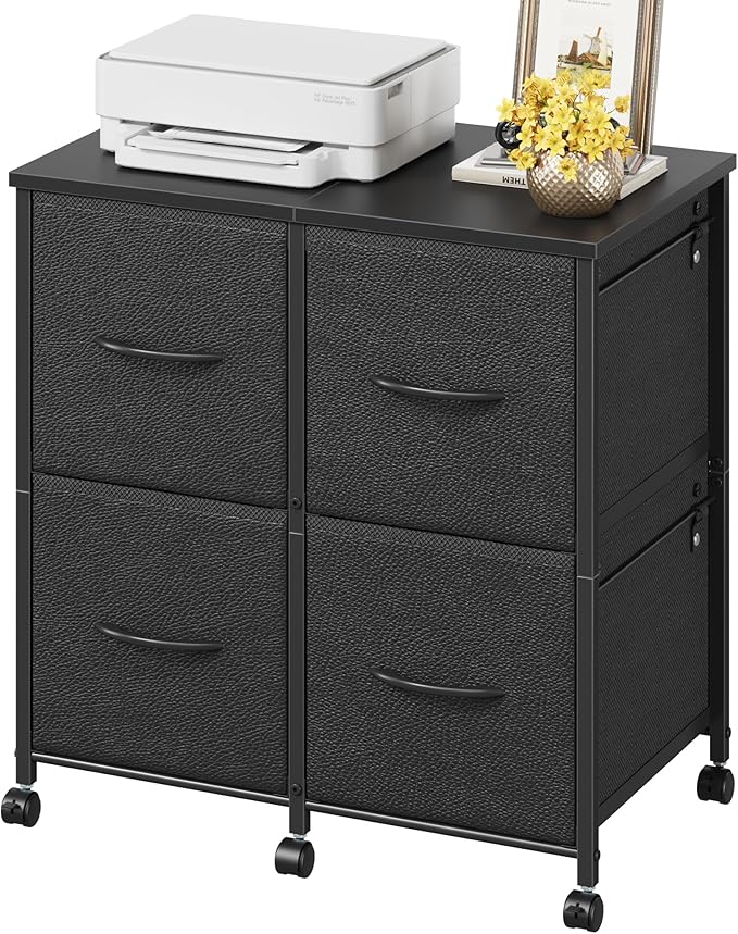 4 Drawer Lateral File Cabinet, Mobile Filing Cabinet for Large Printer, Home Office Functional Small Office Storage Cabinet & Printer Stand, Fits Letter/A4, Black