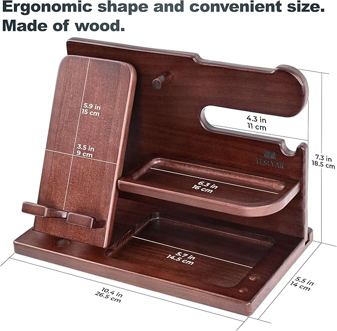 TESLYAR Wood Phone Docking Station for Men - Desk or Nightstand Organizer - Birthday Gifts for Husband, Dad - Anniversary Idea from Wife - Key Holder, Stand Wallet, Watch & Essentials (Mahogany)