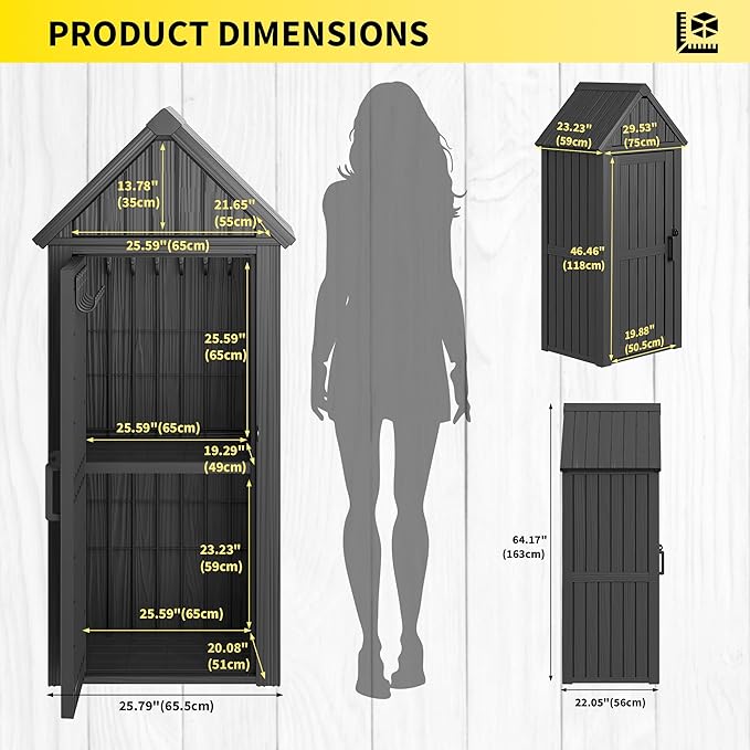 Fancyango Outdoor Resin Storage Shed, Upgrade Sturdy Storage Cabinet with Removable Shelves and Lock Ring, Reinforced Floor, All-Weather Construction for Garden Patio Lawn (Black)