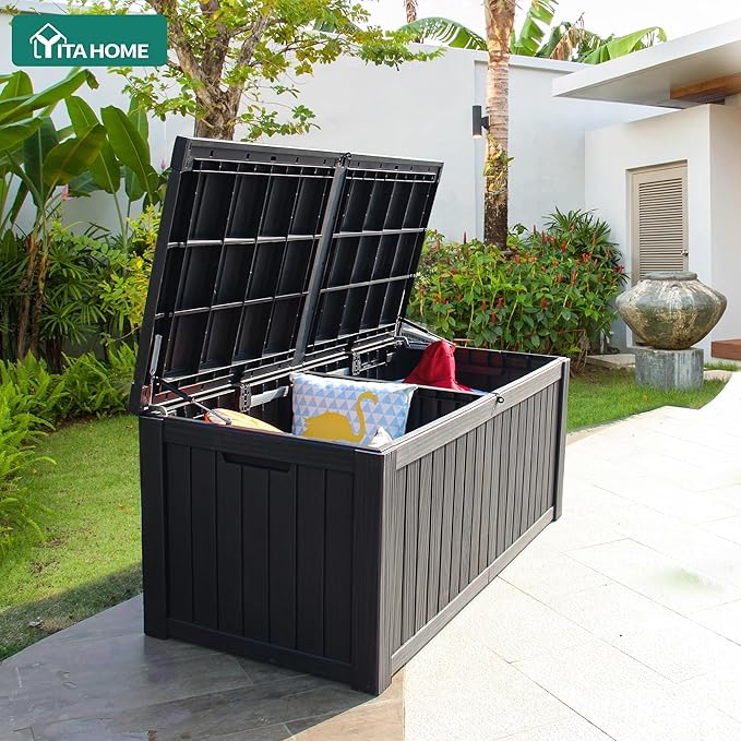 YITAHOME 150 Gallon Large Outdoor Storage XL Deck Box w/Divider for Patio Furniture,Outdoor Cushions, Garden Tools, Sports Equipment and Pool Supplies, Waterproof, Resin, Lockable, Black