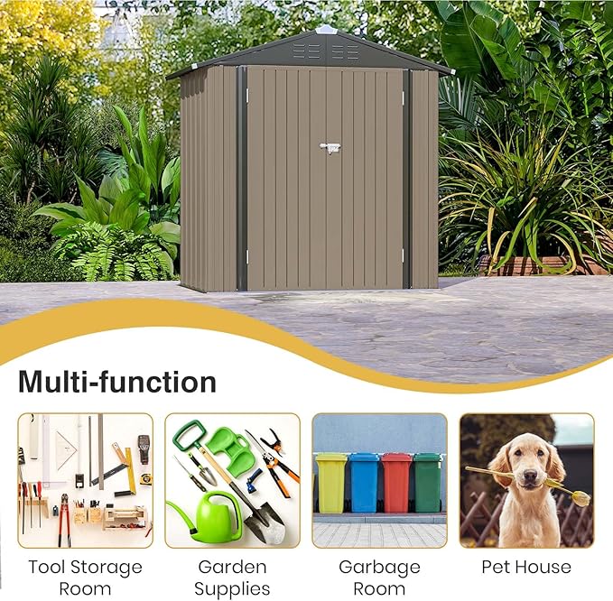Patiowell 6x4 FT Storage Shed, Outdoor Metal Sheds with Lockable Door and Sloping Roof, Waterproof Outside Utility Garden Tool Shed with Breathable Vents for Patio Lawn Backyard, Brown