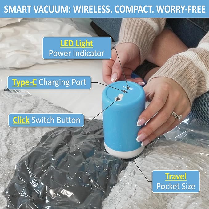 Cozy Essential 12 Pack Travel Vacuum Storage Bags with Rechargeable Wireless Electric Pump for Luggage, Suitcase, Carry-on Size Vacuum Seal Compression Space Saver Bags for Clothes and Clothing Travel