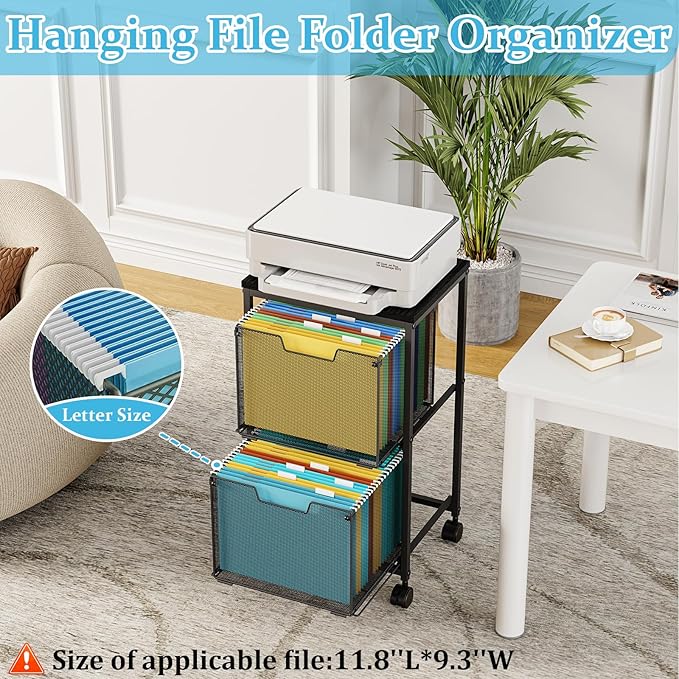 Rolling File Cart with 2 Storage Drawers, File Cabinet with Wheels, Hanging File Folder Organizer, Under Desk Storage, Printer Stand Utility Cart Filing Cabinet for Home Office,Black