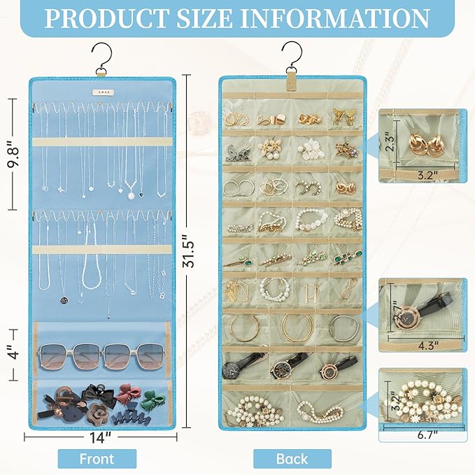 GMAK Hanging Jewelry Organizer with Hanger Metal Hooks, Double-Sided Jewelry Holder Accessories Organizer Storage Roll for Jewelry, Earrings, Bracelets, Necklaces, Rings - Light Blue